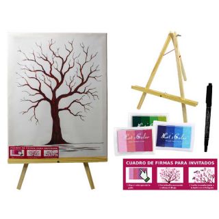 Lienzo &aacute;rbol de las huellas con caballete, pinturas y bol&iacute;grafo para firmas