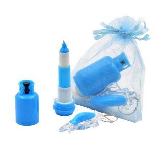Boli azul bombona butano, y llavero avi&oacute;n en bolsa de organza azul
