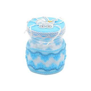 12 tarros de beb&eacute; ni&ntilde;o en azul, 7x6 cm, con decoraci&oacute;n en encaje