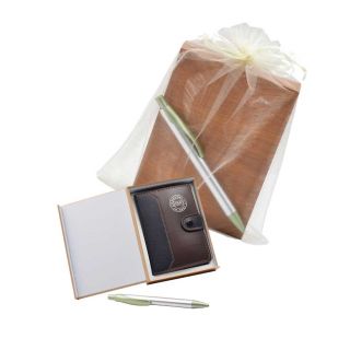Regalo 4 en 1: diario, bol&iacute;grafo, caja de madera y bolsa de organza