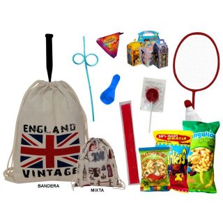 MOCHILA CON CUERDAS PARIS/LONDRES CON GOLOSINAS + RAQUETA