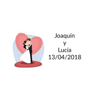 Pegatina original para regalos de invitados de boda, con novios y coraz&oacute;n