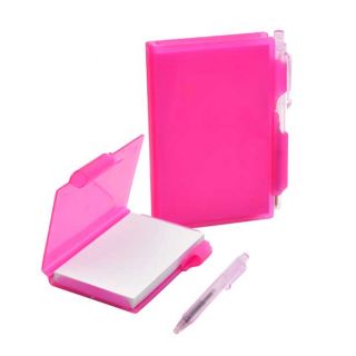 Libreta rosa con caja de pl&aacute;stico rosa y boli que cierra la caja