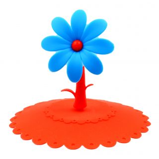 Tapa roja de silicona para tazas, con flor azul