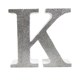 Letra &ldquo;k" de porexpan 20 cm en color plata, para decorar bodas