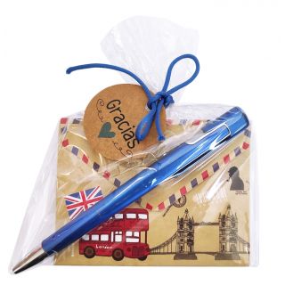 PACK: Libreta Londres con boli azul en bolsa y tarjeta