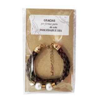 Pulsera de trenzas marron con perlas en bolsa y pegatina