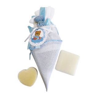 Cono azul con 2 jabones y tarjeta de bebe