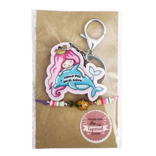 Llavero de sirena con pulsera en bolsa y pegatina