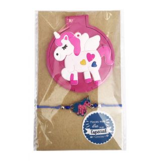 Pulsera y espejo de unicornio en bolsa y pegatina