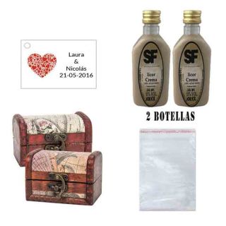 Licor Crema en ba&uacute;l de madera, bolsa de celofan y tarjeta