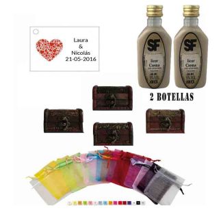 Licor Crema en ba&uacute;l de madera, bolsa de organza y tarjeta