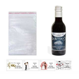 Vino para boda con tarjeta personalizada y bolsa celof&aacute;n