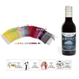 Vino para boda con tarjeta personalizada y bolsa organza