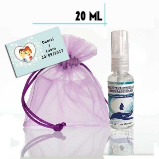 Gel Hidroalcoh&oacute;lico 20ml con spray, con bolsa de organza y tarjeta