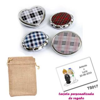 Espejos plateados con cuadros escoceses, con bolsa de saco marr&oacute;n y tarjeta personalizada