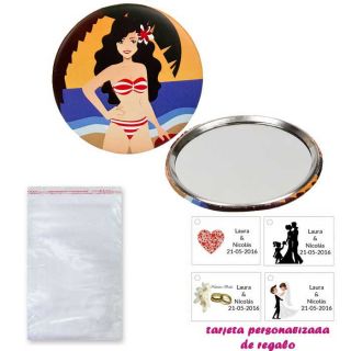 Espejo de Chapa con chica en la Playa, con bolsa b&aacute;sica de celofan, y tarjeta personalizada