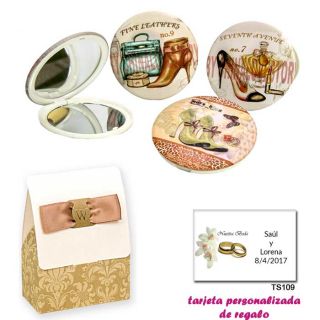 Espejos vintage con zapatos de tac&oacute;n y bonitos dibujos, con caja de elgante estampado marr&oacute;n y blanco, y tarjeta personalizada