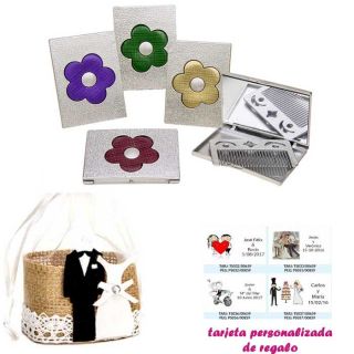 Espejo plateado con una flor grande, y con un peine en el interior, con bolsa de yute y tarjeta personalizada
