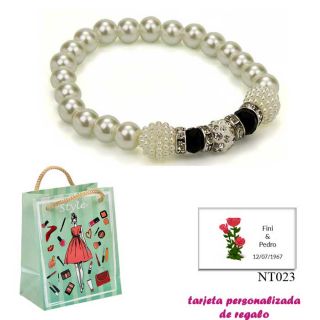Pulsera de perlas blancas con brillantes, abalorios y piedras negras