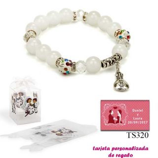 Pulsera de perlas blancas con brillantes de colores y saco de d&oacute;lar