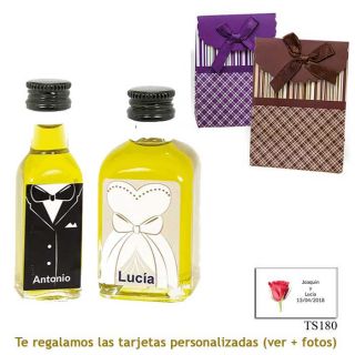 Botellitas de Aceite de Oliva para regalar en boda, con cajas de novio y novia a juego