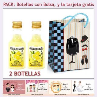 2 Botellitas de Licor de Crema de Lim&oacute;n con bolsa y tarjeta
