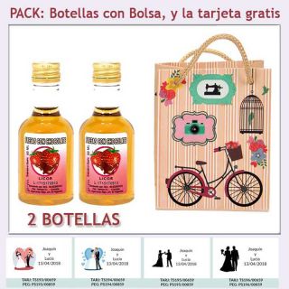 2 Botellitas de Licor de Fresas con Chocolate con bolsa y tarjeta