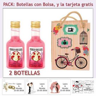 2 Botellitas de Licor de Fresas con Nata con bolsa y tarjeta