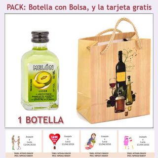 Botellita de Licor de Mel&oacute;n con bolsa "bodeg&oacute;n" y tarjeta