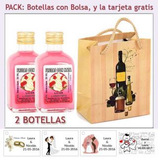 2 Botellitas de Licor de Fresas con Nata con bolsa "bodeg&oacute;n" y tarjeta