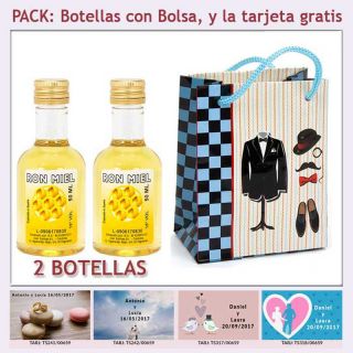 2 Botellitas de Ron Miel con bolsa "charlest&oacute;n" y tarjeta