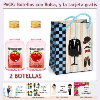 2 Botellitas de Ginebra de Fresa con bolsa "charlest&oacute;n" y tarjeta