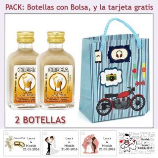 2 Botellitas de Licor de Crema con bolsa con moto roja y tarjeta