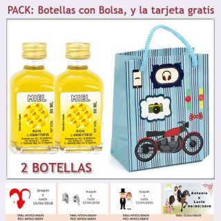 2 Botellitas de Ron Miel con bolsa con moto roja y tarjeta