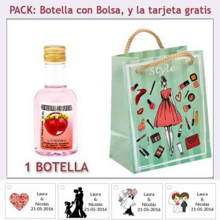 Botellita de Ginebra de Fresa con bolsa fashion con mujer y tarjeta
