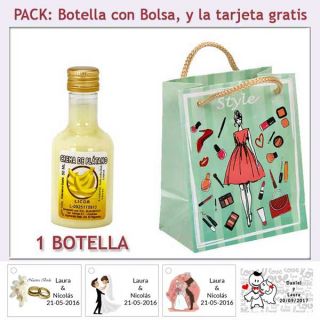 Botellita de Licor de Crema de Pl&aacute;tano con bolsa fashion con mujer y tarjeta