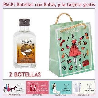 Botellita de Licor de Coco con bolsa fashion con mujer y tarjeta
