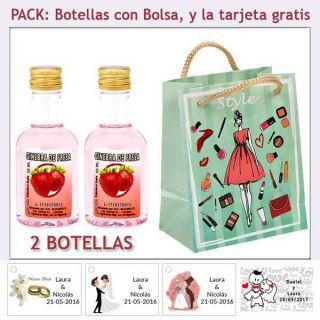 2 Botellitas de Ginebra de Fresa con bolsa fashion con mujer y tarjeta