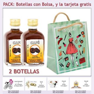 2 Botellitas de Licor de Caf&eacute; con bolsa fashion con mujer y tarjeta