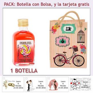Botellita de Licor Piruleta con bolsa vintage con bicicleta y tarjeta
