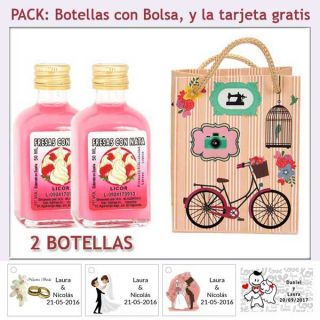2 Botellitas de Licor de Fresas con Nata con bolsa vintage con bicicleta y tarjeta