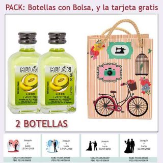2 Botellitas de Licor de Mel&oacute;n con bolsa vintage con bicicleta y tarjeta