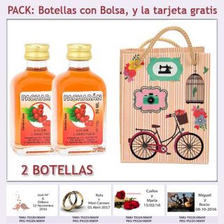 2 Botellitas de Pachar&aacute;n con bolsa vintage con bicicleta y tarjeta