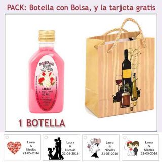Botellita de Licor de Fresas con Nata con bolsa &ldquo;bodeg&oacute;n&rdquo; y tarjeta