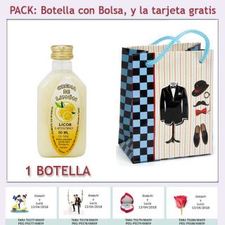 Botellita de Licor de Crema de Lim&oacute;n con bolsa &ldquo;charlest&oacute;n&rdquo; y tarjeta