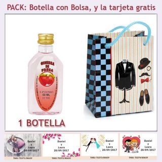 Botellita de Ginebra de Fresa con bolsa &ldquo;charlest&oacute;n&rdquo; y tarjeta