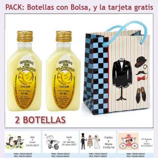 2 Botellitas de Licor de Crema de Pl&aacute;tano con bolsa &ldquo;charlest&oacute;n&rdquo; y tarjeta