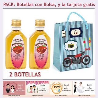 2 Botellitas de Licor de Fresas con Chocolate con bolsa &ldquo;con moto roja&rdquo; y tarjeta