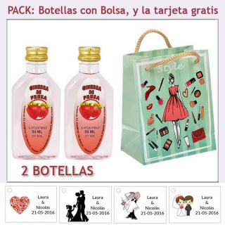 2 Botellitas de Ginebra de Fresa con bolsa &ldquo;fashion con mujer&rdquo; y tarjeta